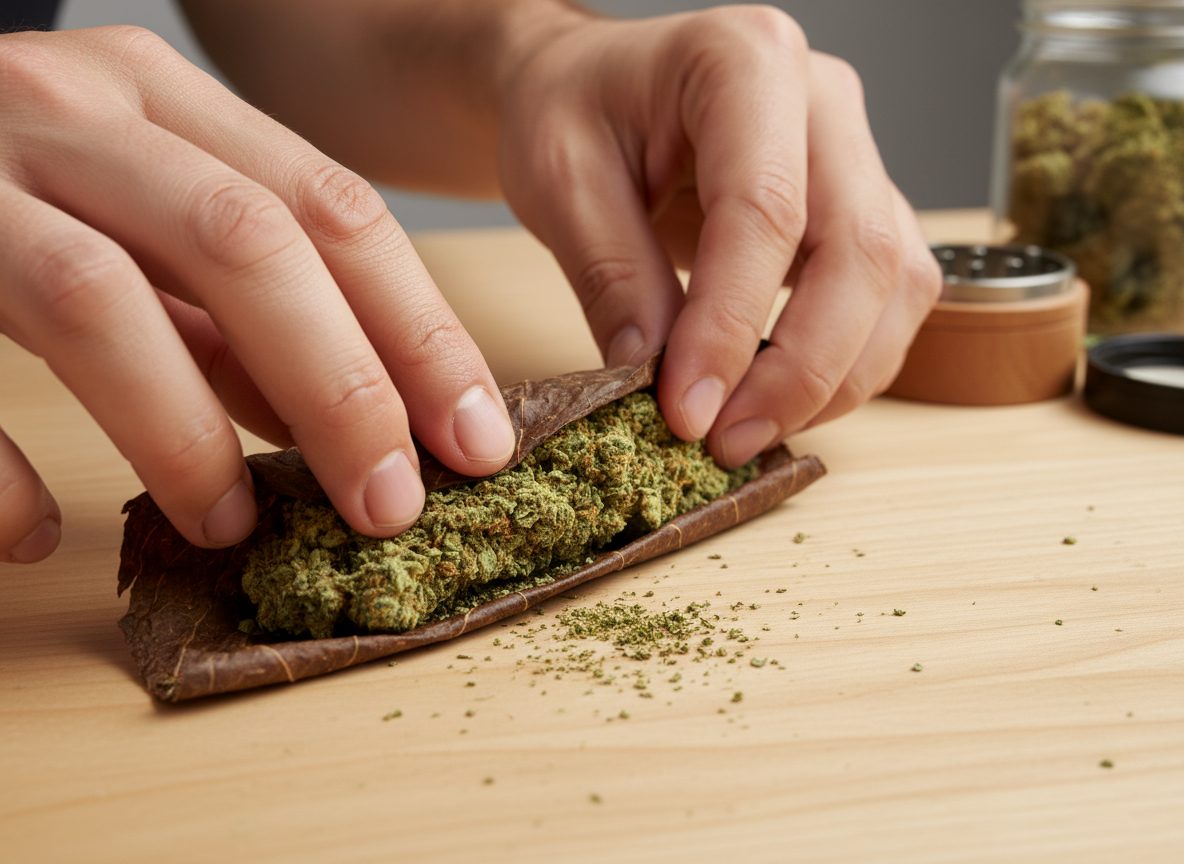 Cannabis blunt being rolled in a tobacco or hemp leaf wrap