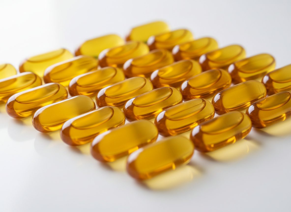 Cannabis oil capsules — measured-dose gelatin capsules with amber oil