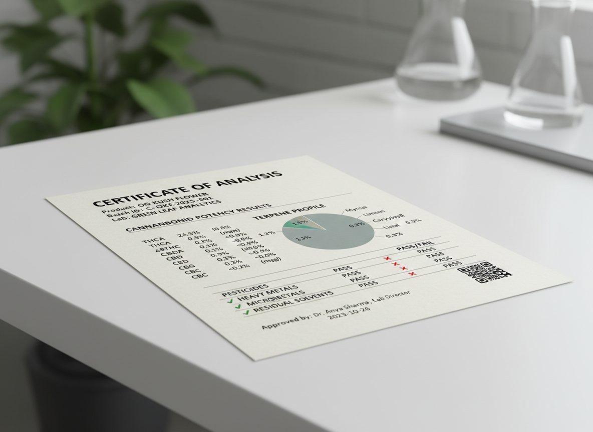 Certificate of Analysis — lab report showing cannabinoid potency and test results