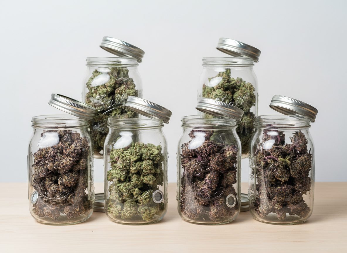 Cannabis buds curing in glass mason jars