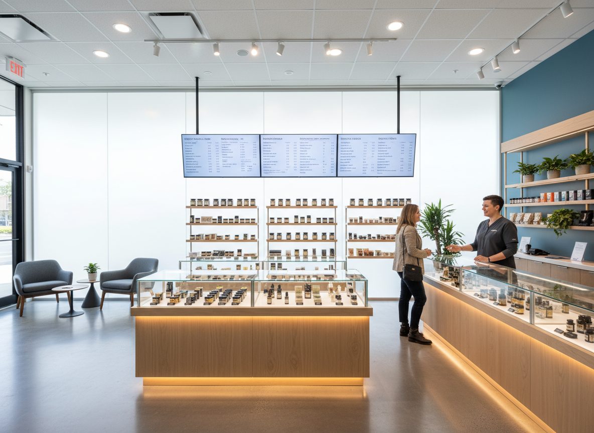 Cannabis dispensary with budtender serving customers