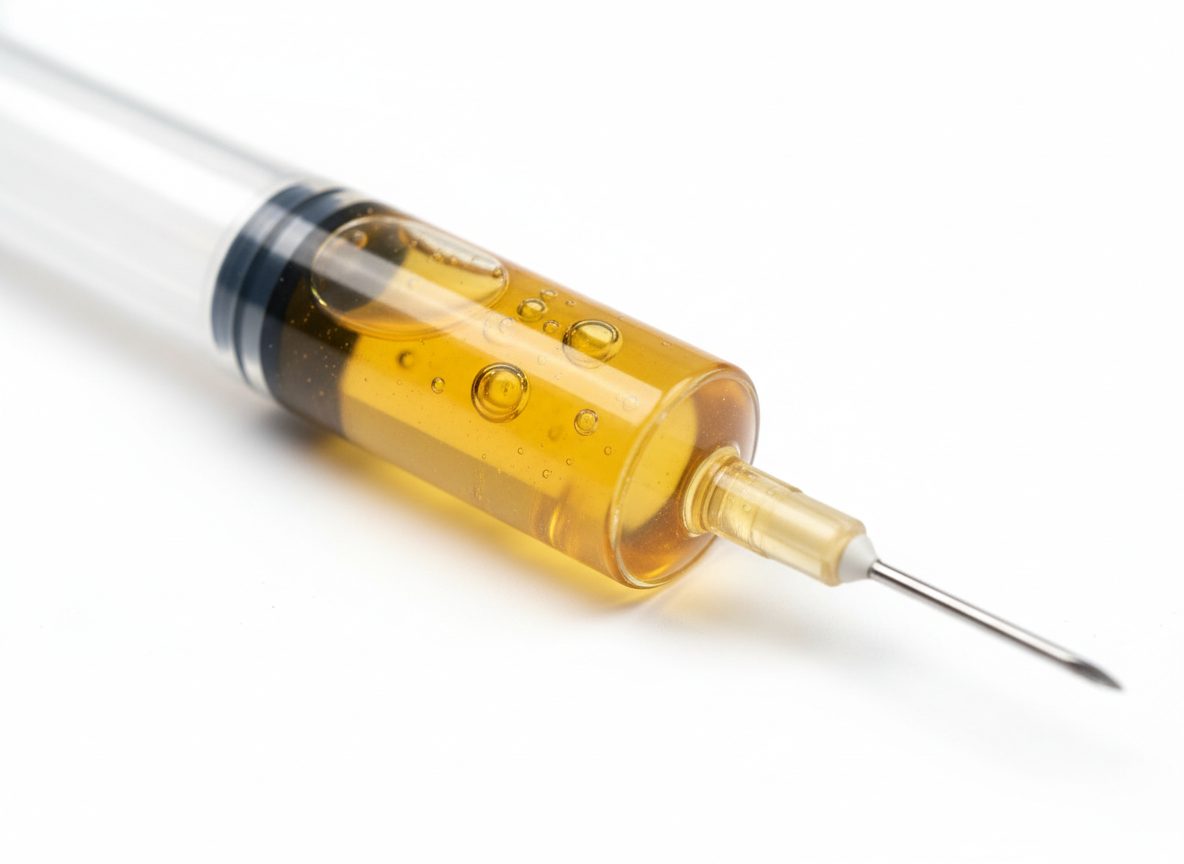 Cannabis distillate in a glass syringe — refined to 85-99% cannabinoid purity