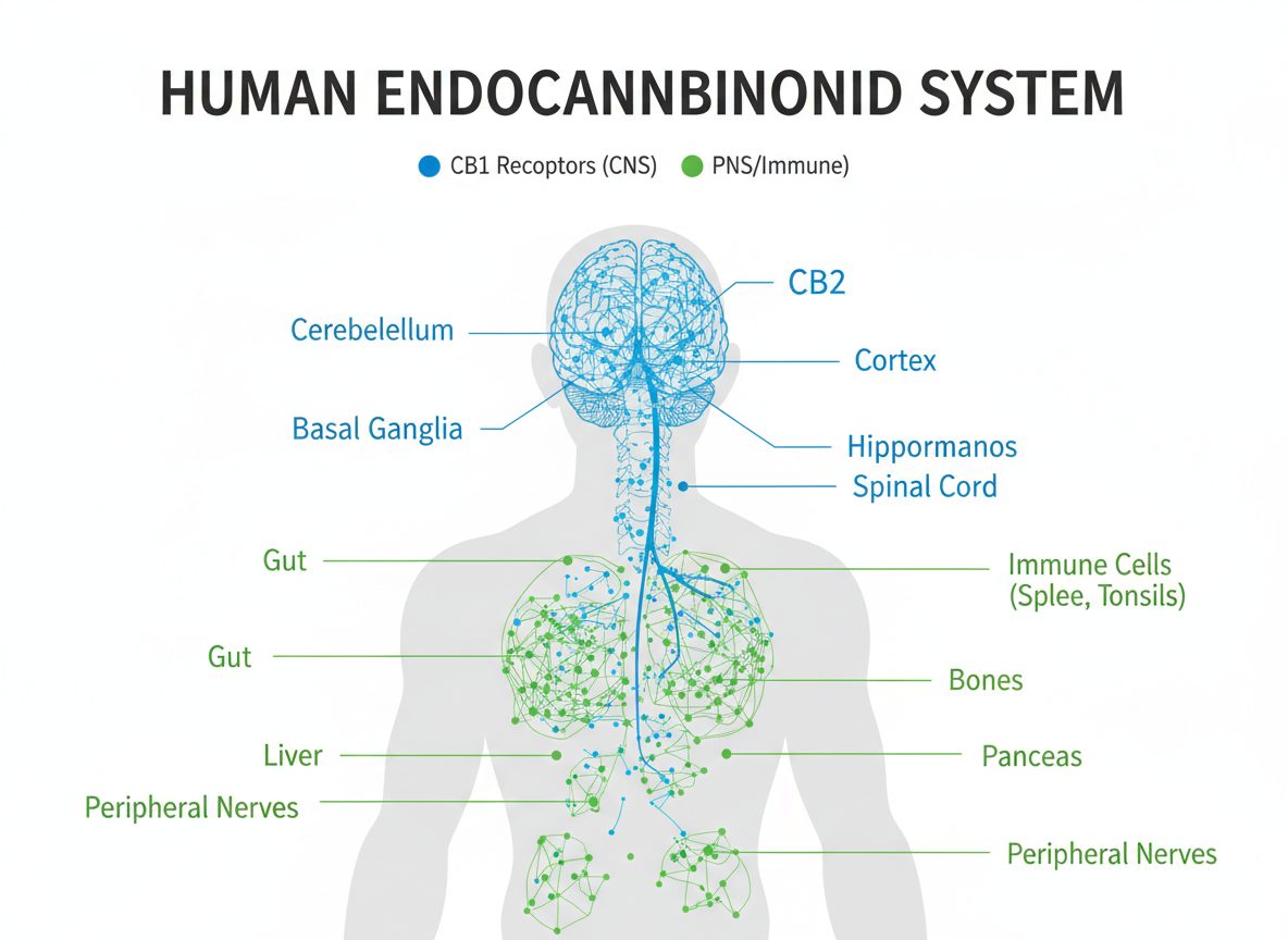 CB1 receptors highlighted in the brain and central nervous system