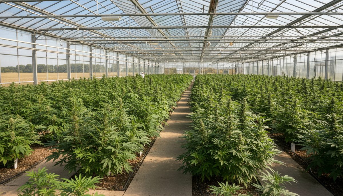 Cannabis greenhouse cultivation with natural sunlight