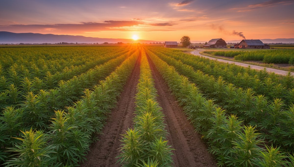 Industrial hemp field at golden hour — tall green plants stretching to the horizon