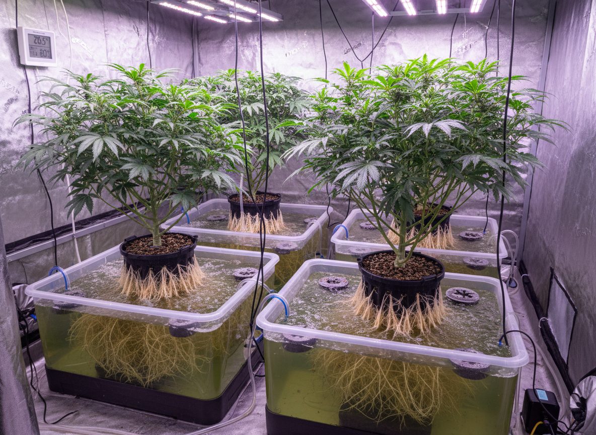 Hydroponic cannabis grow system with roots in nutrient solution