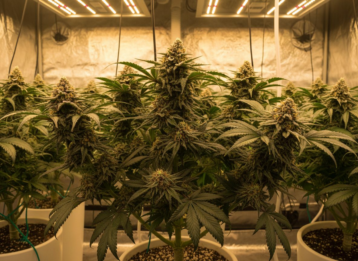 Indica-type cannabis plant — short, bushy, with broad leaves