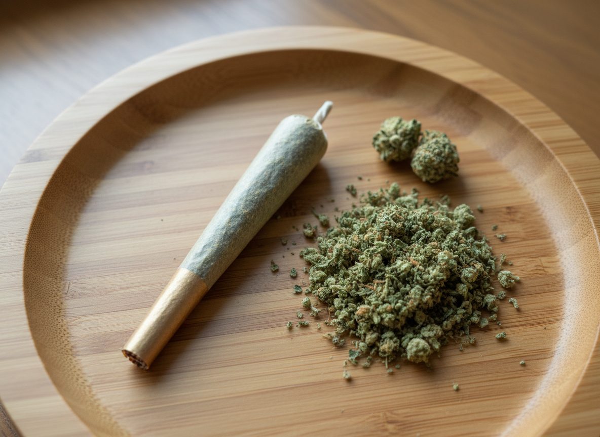 Hand-rolled cannabis joint with ground flower on a rolling tray