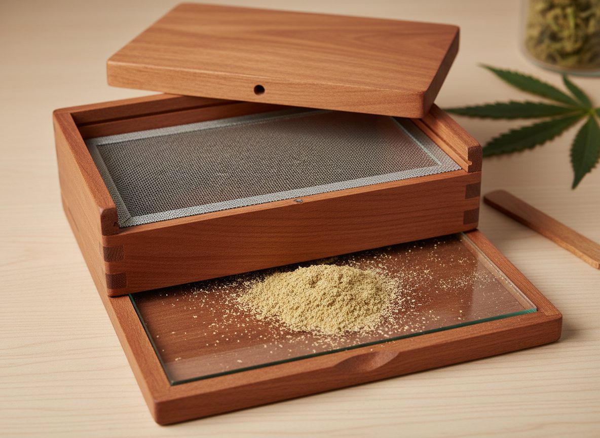 Kief box — wooden sifter with mesh screen and collected trichome powder