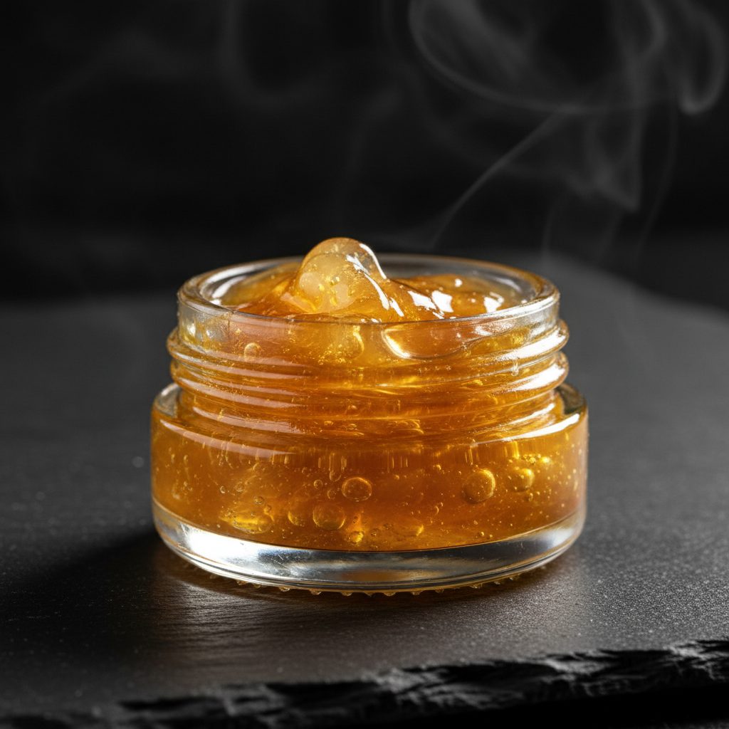 Live resin concentrate — glossy, terpene-rich extract from fresh-frozen cannabis