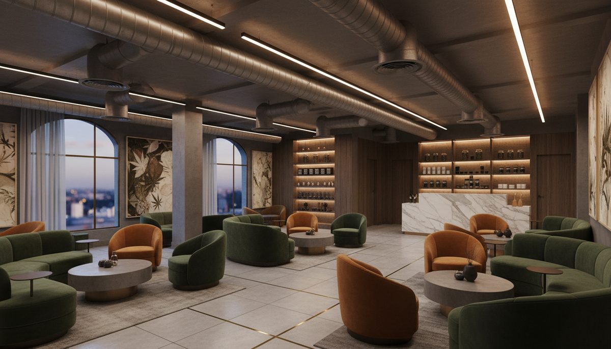 Cannabis consumption lounge with comfortable seating and ventilation