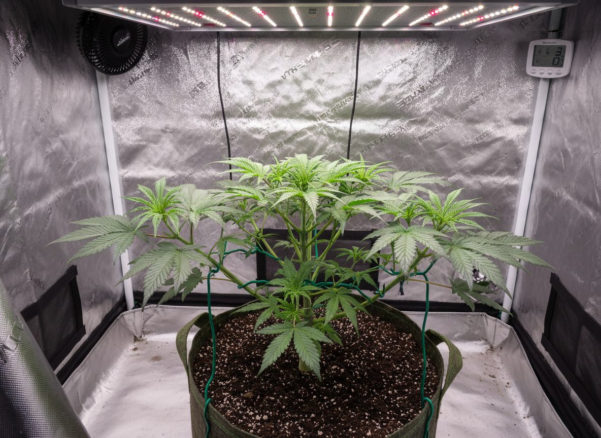 Low Stress Training — cannabis branches bent and tied for even canopy