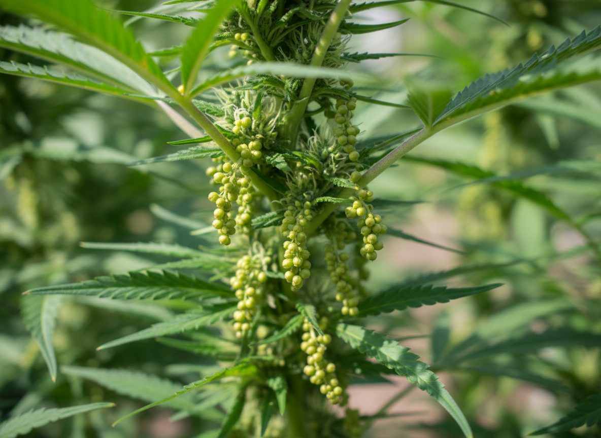 Male cannabis plant with pollen sacs
