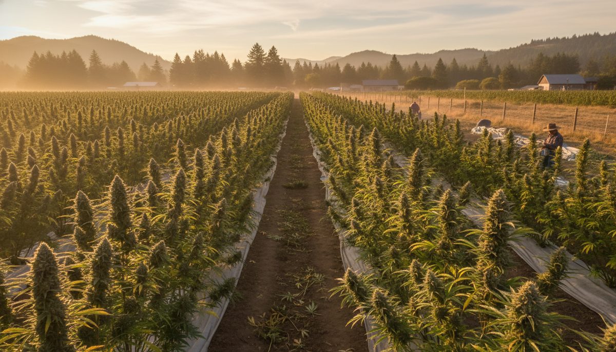 Outdoor cannabis farm at harvest — mature plants in golden sunlight