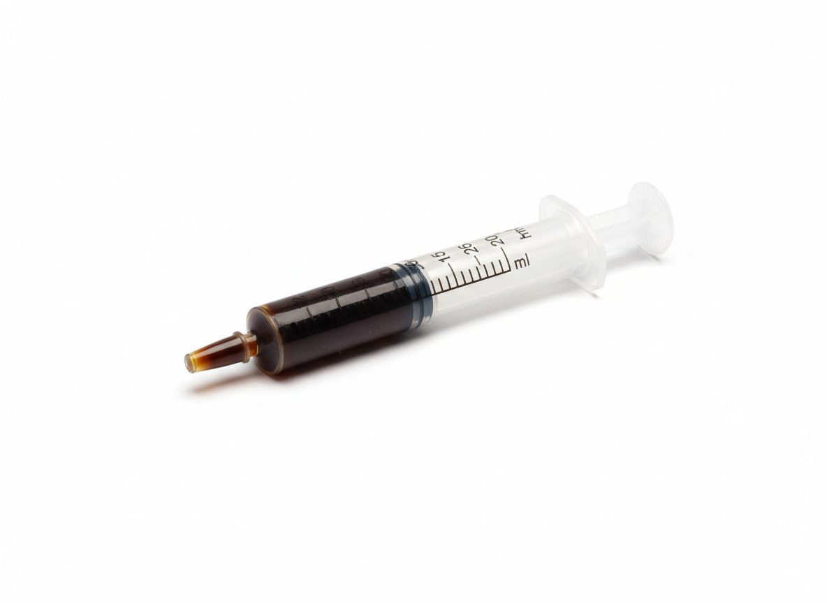 RSO (Rick Simpson Oil) — dark full-extract cannabis oil in an oral syringe