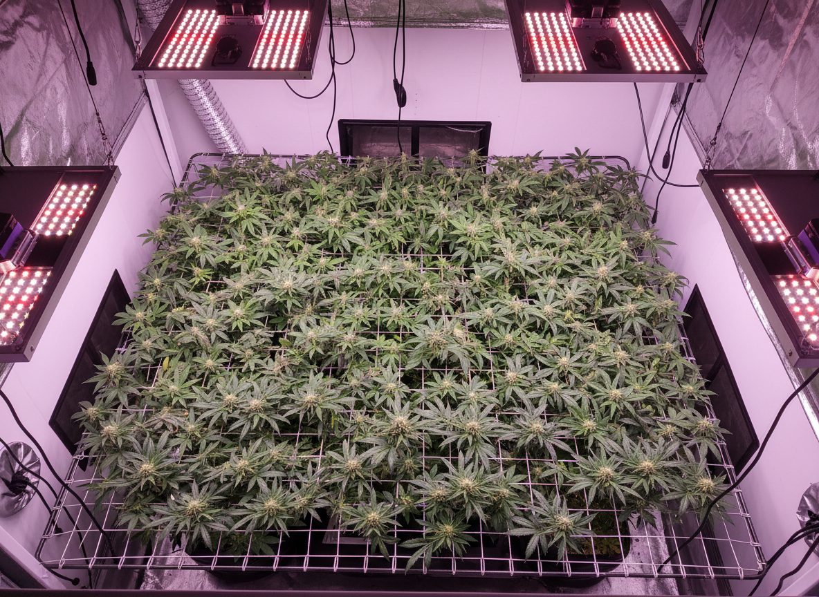 SCROG (Screen of Green) — cannabis plants trained through a horizontal screen