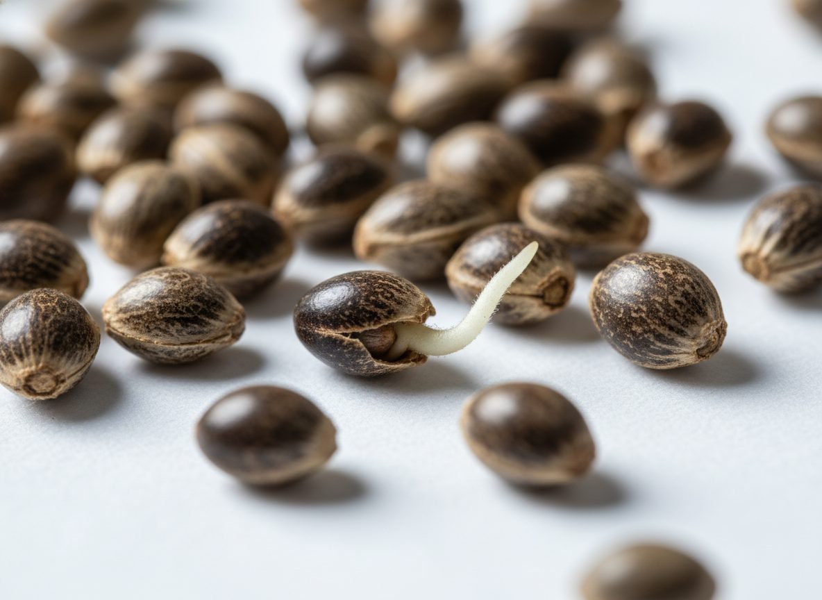 Cannabis seeds showing tiger-stripe pattern with emerging taproot