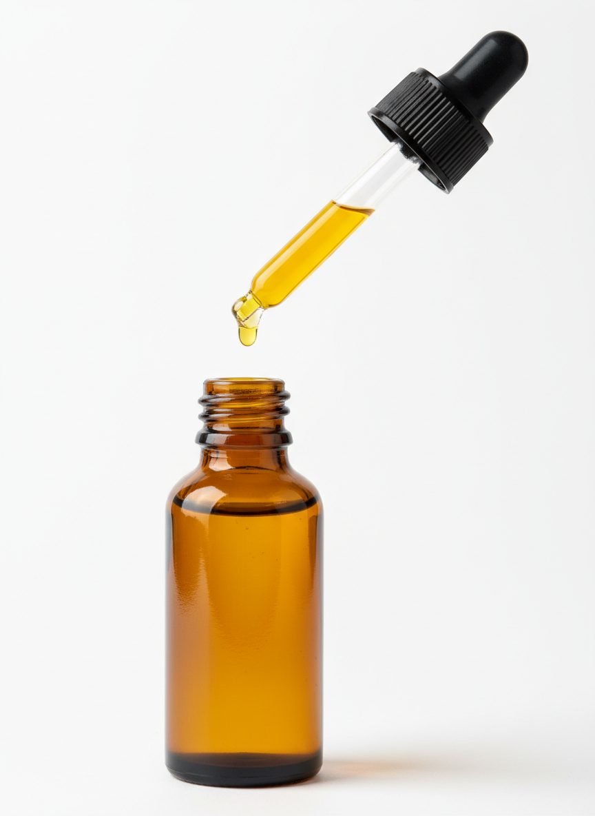 Cannabis tincture in amber glass bottle with dropper