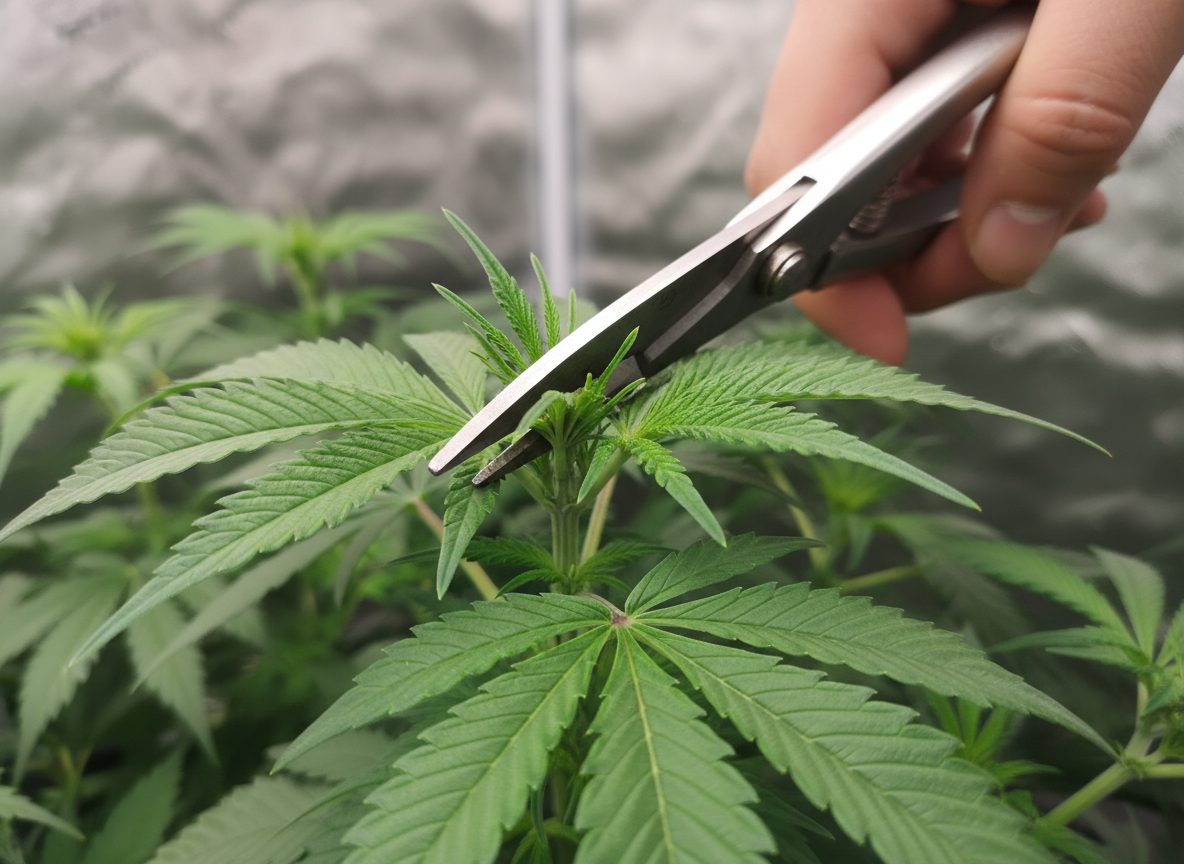 Topping a cannabis plant — cutting the main stem to promote branching
