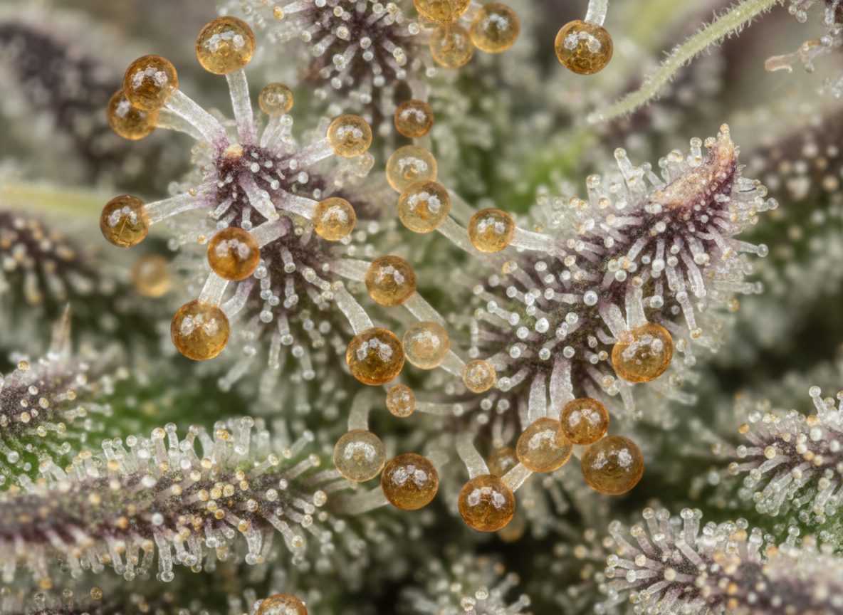 Macro photograph of cannabis trichomes — stalked glandular heads with amber resin