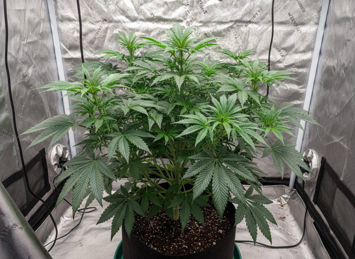 Cannabis plant in vegetative growth — abundant leaves, no flowers