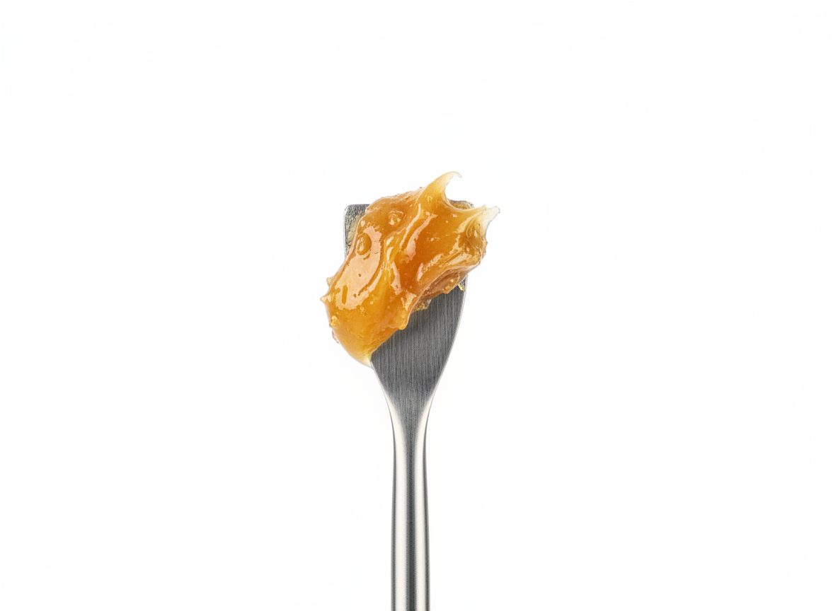 Cannabis wax concentrate on a dab tool — opaque, golden-amber texture